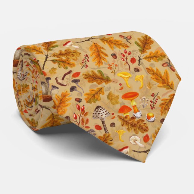 Forest mushrooms and autumn flora on ochre tie (Rolled)