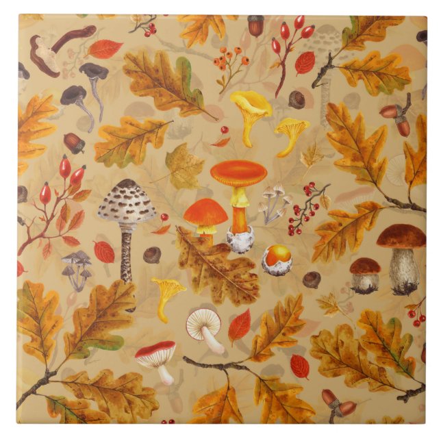 Forest mushrooms and autumn flora on ochre tile (Front)