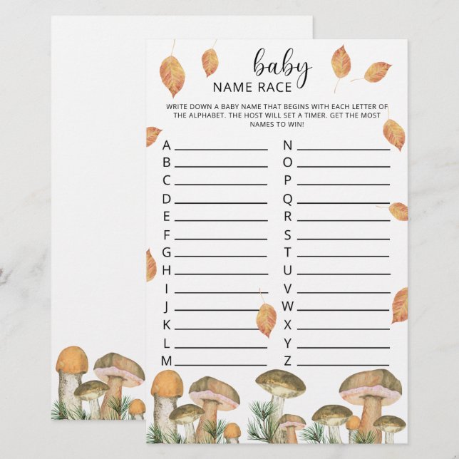 Forest mushrooms - baby name race game (Front/Back)