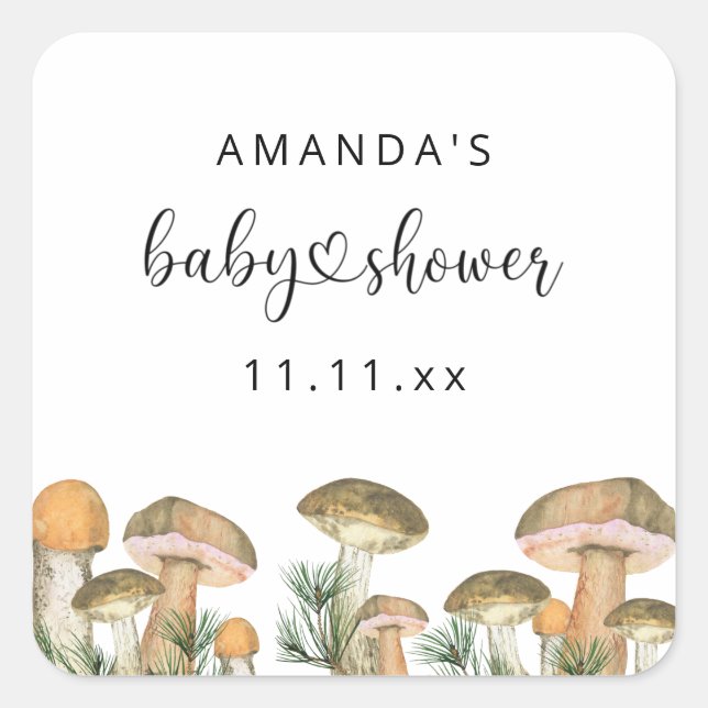 Forest mushrooms baby shower square sticker (Front)