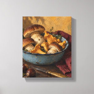 Forest Mushrooms in a Cool Blue Bowl Kitchen Art Canvas Print