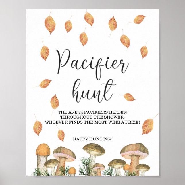 Forest mushrooms - pacifier hunt baby shower game poster (Front)