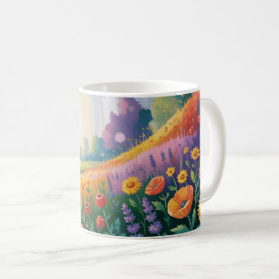 Forest nature with colorful herbs and flowers, coffee mug