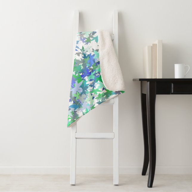 Forest Nursery Blue Green Grey Leaf Floral Pattern Sherpa Blanket (In Situ)