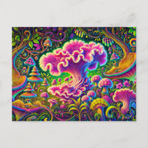 forest of magical mushrooms, glowing with vibrant postcard