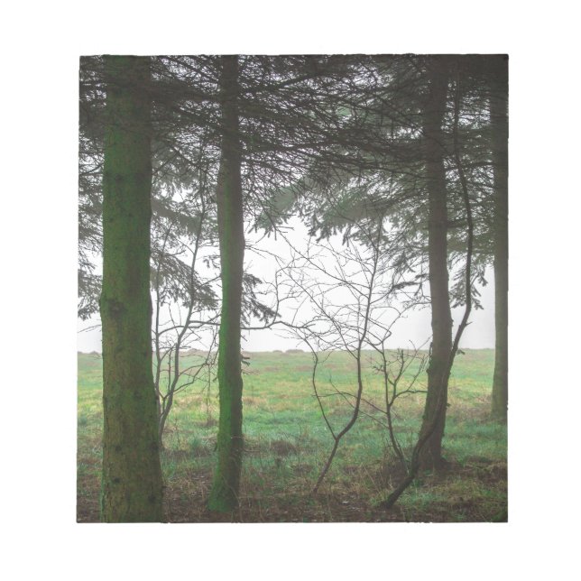 Forest overlooking clearing in the fog notepad (Front)