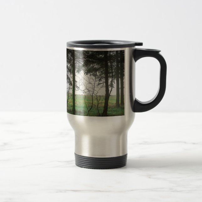 Forest overlooking clearing in the fog travel mug (Right)