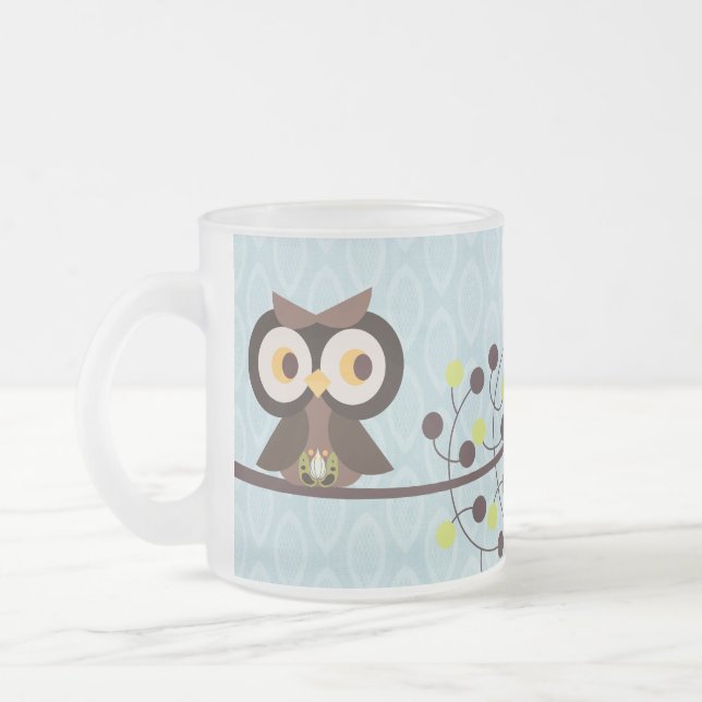 Forest Owl Woodland Frosted Glass Coffee Mug Cup (Left)