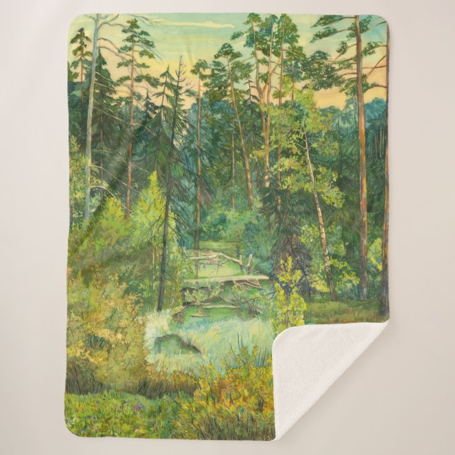 Forest  painting  watercolor sherpa blanket (Front)