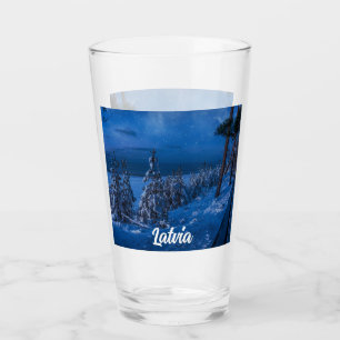 Forest path at winter night glass