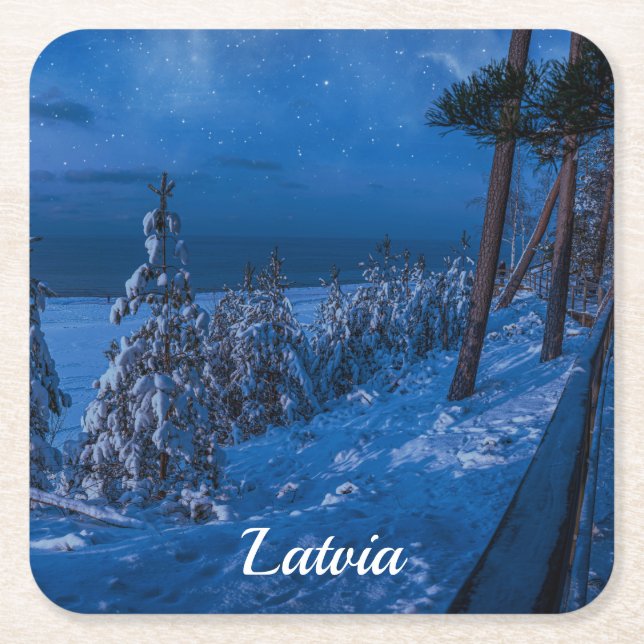 Forest path at winter night square paper coaster (Front)