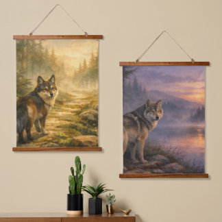 Forest Path & Misty Lake Wolf Tapestry Scenes