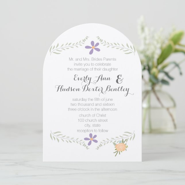 Forest Peach Lilac Aqua Floral Garland Wedding Invitation (Standing Front)