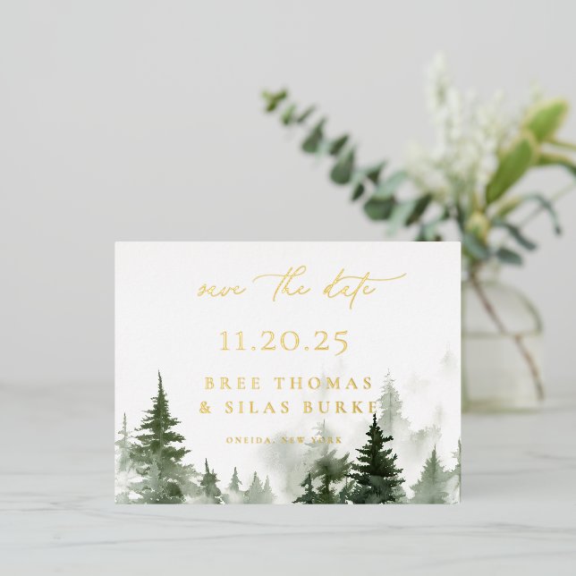 Forest Pine Trees Save The Date Foil Postcard (Standing Front)