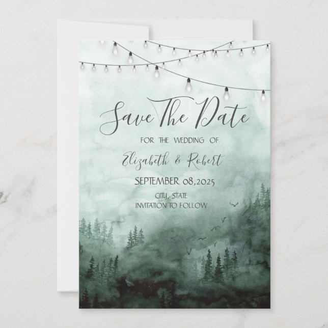 Forest,Pine Trees,String Light Green Save The Date (Front)