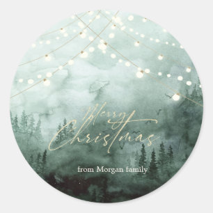 Forest,Pine Trees,String Lights Green Classic Round Sticker