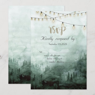 Forest,Pine Trees,String Lights Green RSVP Invitation