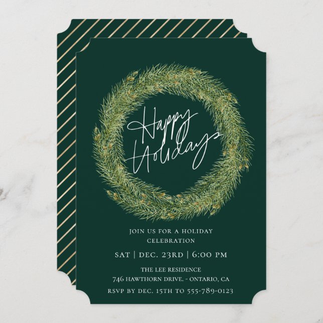 Forest Pine Wreath Emerald Holiday Party Invitation (Front/Back)