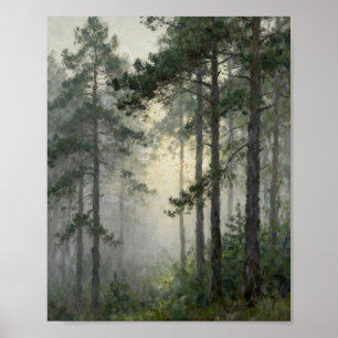 forest, pines, mist, fog, landscape, oil painting, poster