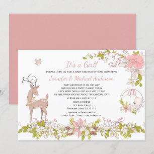 Forest Pink Girl Bear Deer Baby Shower By Mail Invitation