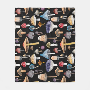 Forest plants: watercolor mushrooms, leaves patter fleece blanket