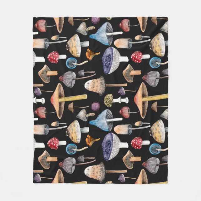 Forest plants: watercolor mushrooms, leaves patter fleece blanket (Front)