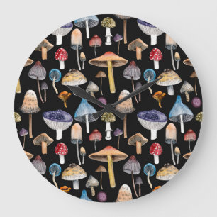 Forest plants: watercolor mushrooms, leaves patter large clock