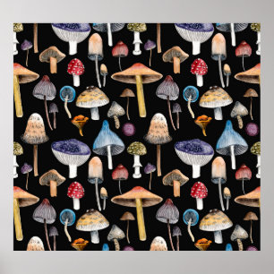 Forest plants: watercolor mushrooms, leaves patter poster