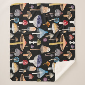 Forest plants: watercolor mushrooms, leaves patter sherpa blanket