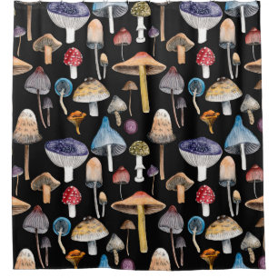Forest plants: watercolor mushrooms, leaves patter shower curtain