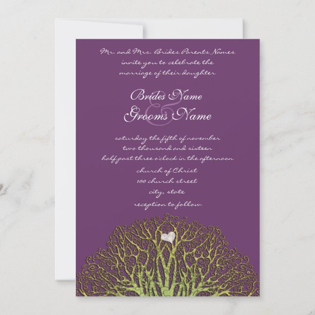 Forest Plum Green Woodpecker Tree Wedding Invites (Back)