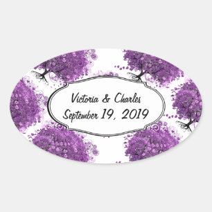 Forest Purple Heart Leaf Tree Wedding Oval Sticker