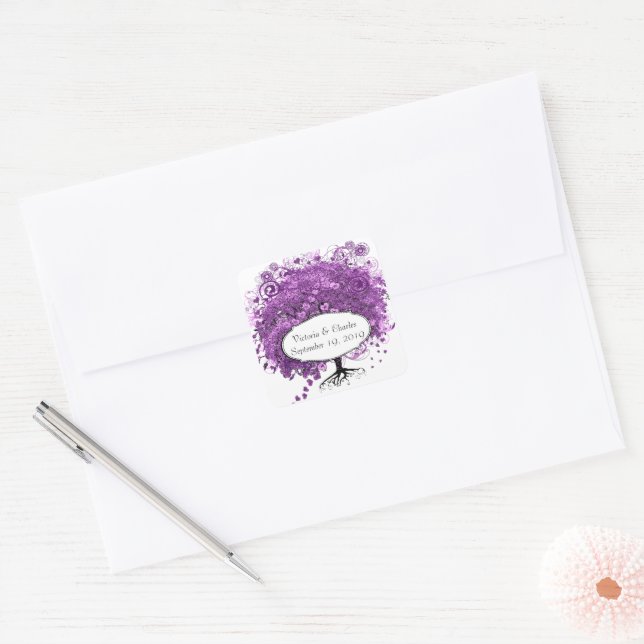 Forest Purple Heart Leaf Tree Wedding Square Sticker (Envelope)