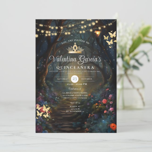 Forest Quinceañera 15 Anos Flowers Gold  Invitation (Standing Front)