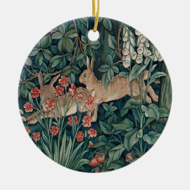 Forest Rabbits Tapestry Ceramic Tree Decoration (Front)