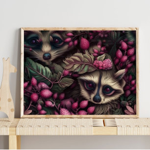 Forest Racoon Pink Berries Racoon Wall Print