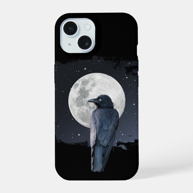 Forest Raven Cold Moon iPhone 15 Case (Back)