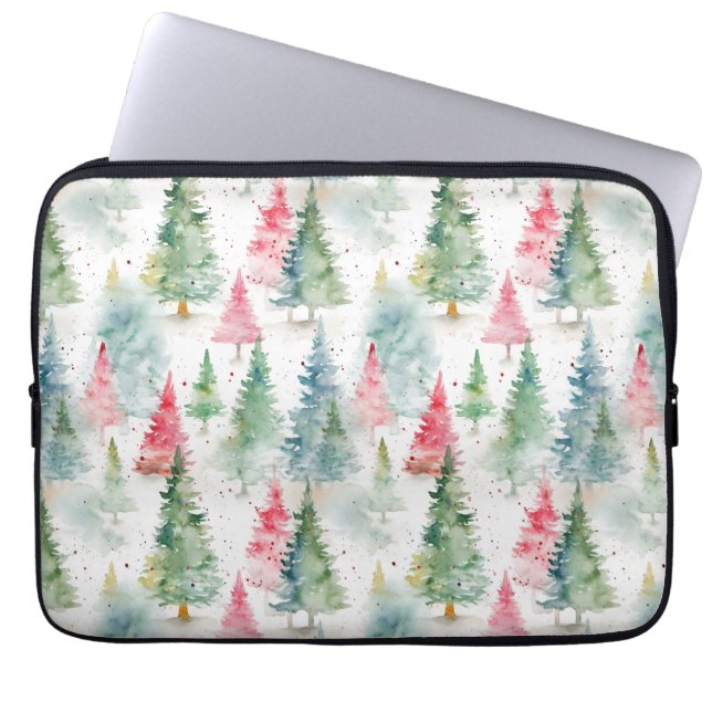Forest, Red Green Pine Trees Holiday Laptop Sleeve (Front)