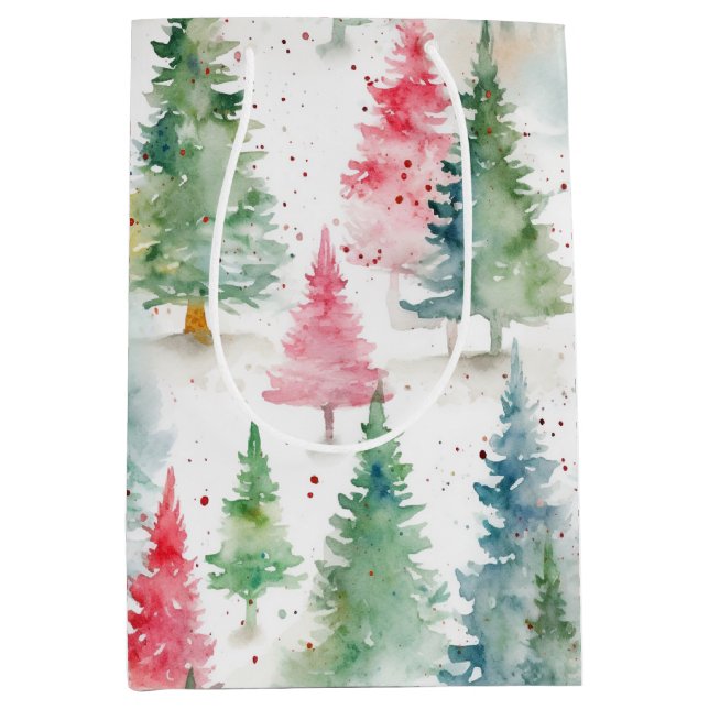 Forest, Red Green Pine Trees Holiday Medium Gift Bag (Front)