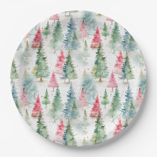 Forest, Red Green Pine Trees Holiday Paper Plate (Front)
