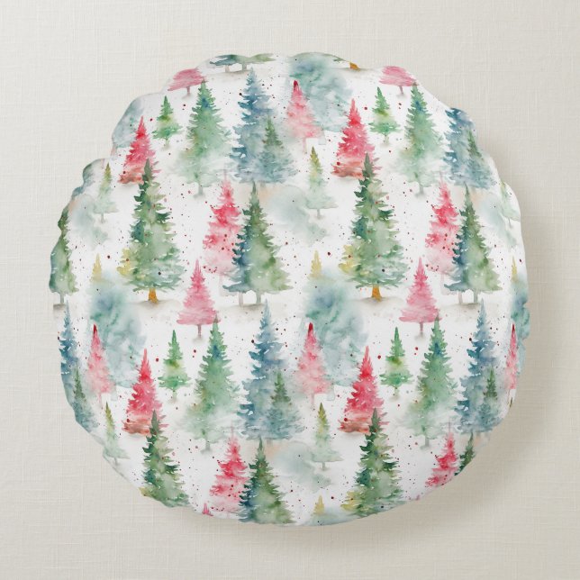 Forest, Red Green Pine Trees Holiday Round Cushion (Front)