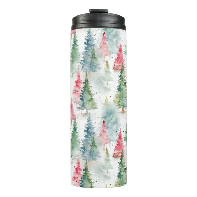 Forest, Red Green Pine Trees Holiday Thermal Tumbler (Front)