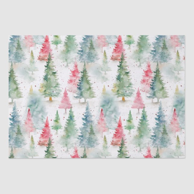 Forest, Red Green Pine Trees Holiday Tissue Paper (Front)