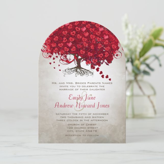 Forest Red Heart Leaf Tree Wedding Invites (Standing Front)