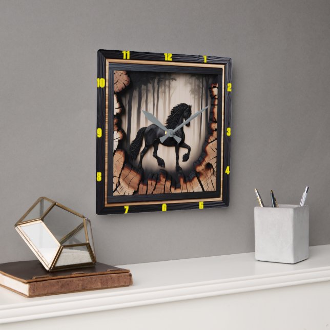Forest Ride: Personalised Charred Wood Friesian Square Wall Clock (Office)
