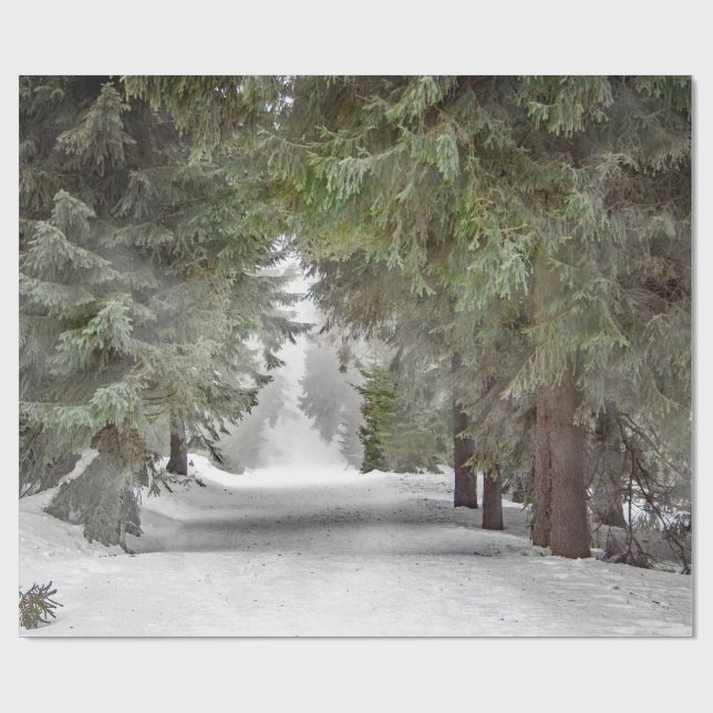 Forest Road Snow Pine Trees Photo Wrapping Paper (Flat)