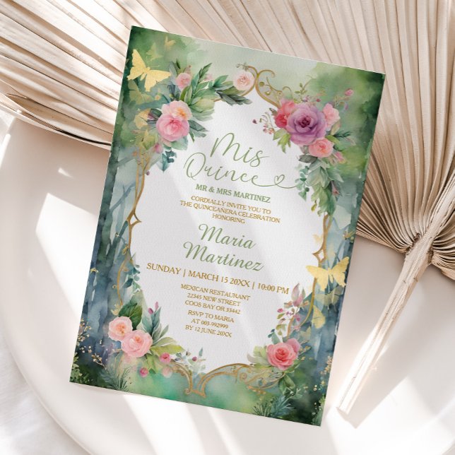 Forest Sage Green Pink Floral 15 Mis Quince Party Invitation (Creator Uploaded)