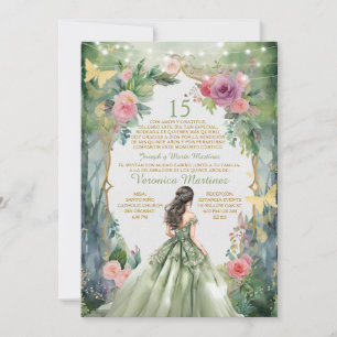 Forest Sage Green Princess Spanish 15 Mis Quince Invitation