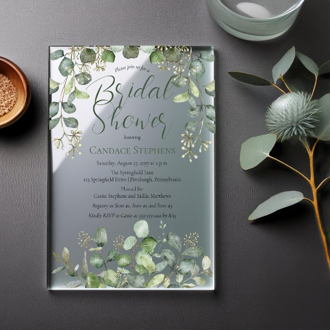 Forest Sage Green Seeded Eucalyptus Bridal Shower Acrylic Invitations (Elegant Forest and Sage Green Seeded Eucalyptus Bridal Shower Acrylic Invitations)