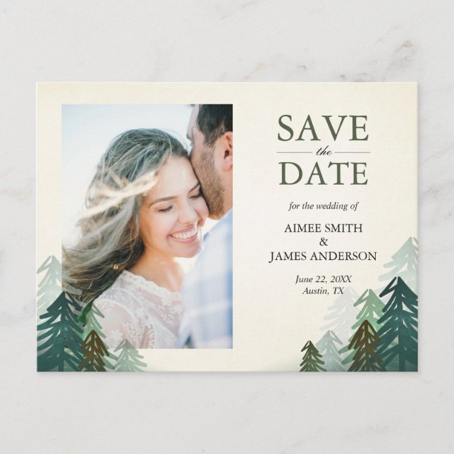 Forest Save the Date Postcard Winter Pine Trees (Front)